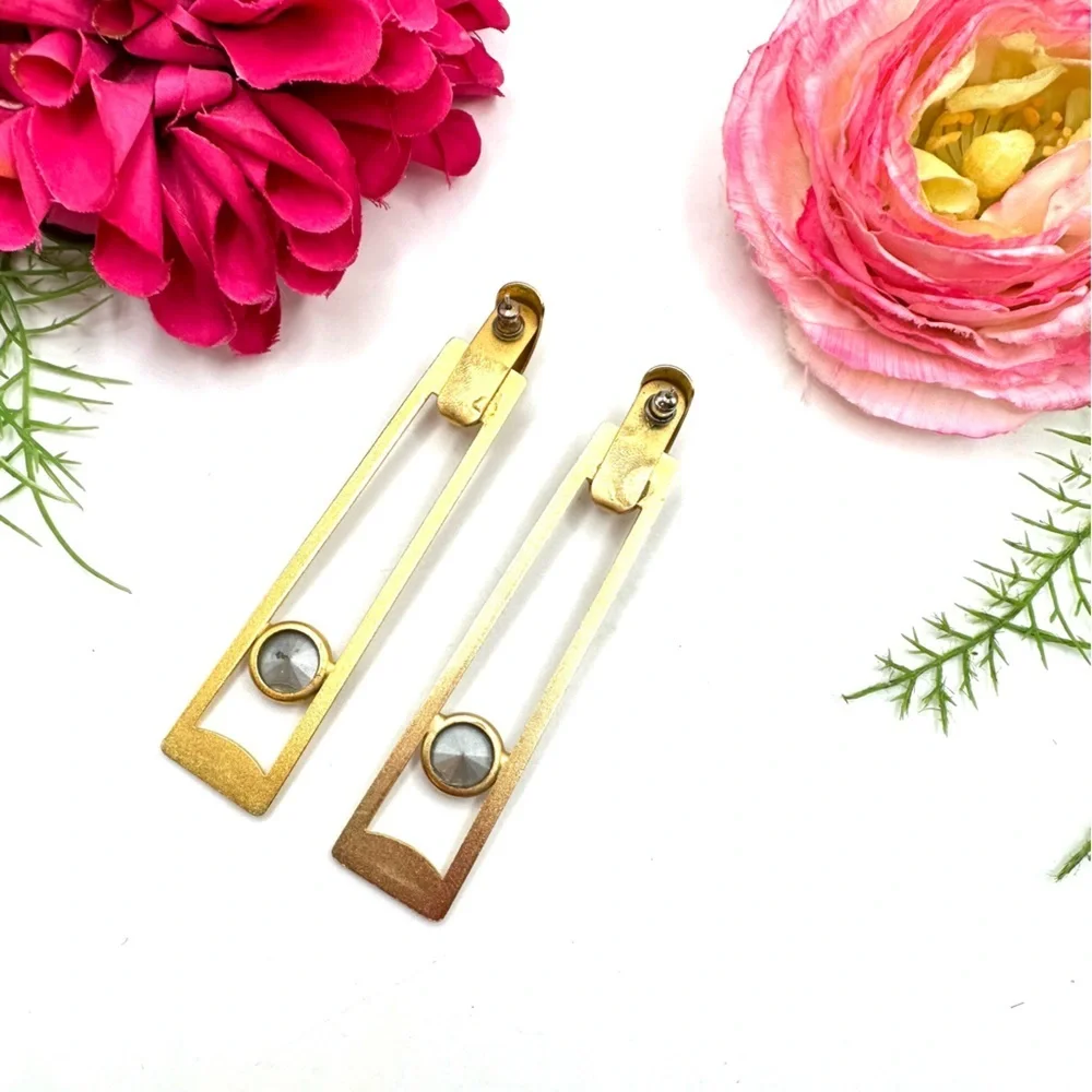 VINTAGE⚜️Abstract Brushed Golden Crystal Hoop Earrings